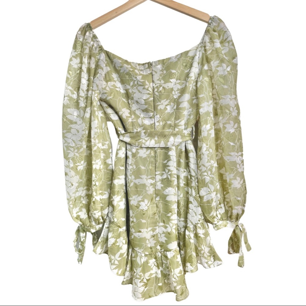 Hello Molly Long Sleeve Floral Olive Green and White Waist Tie Mini Dress - Picture 5 of 6